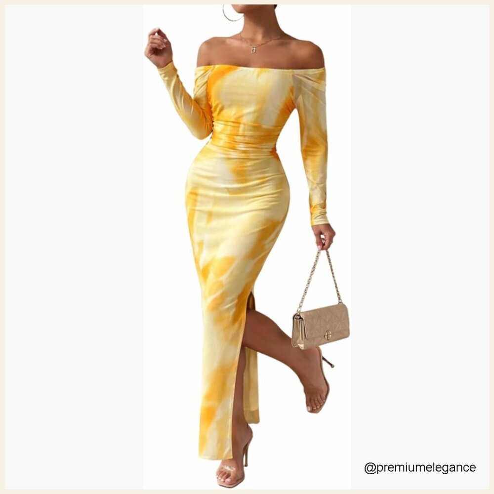 Off Shoulder Maxi Dress Long Sleeve Bodycon Ruched Mesh Cocktail Dress